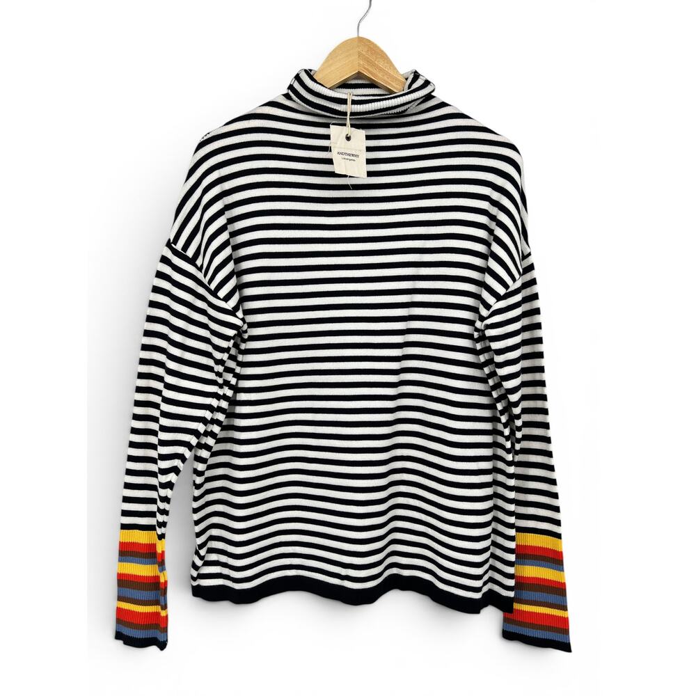 NWT ANDTHEWHY Black & White Striped Rainbow Cuff Turtleneck Sweater size M/L‎